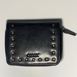 XOXO black leather‎ wallet with brass stud detail.  Multiple sections.  EUC.